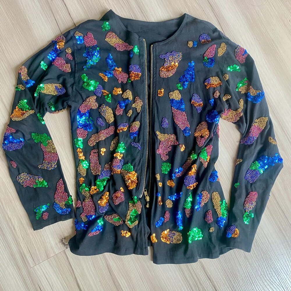 GENE EWING ~ Beaded, Sequined, Zippered, Lined, Holiday Rainbow Sweater ~ SMALL